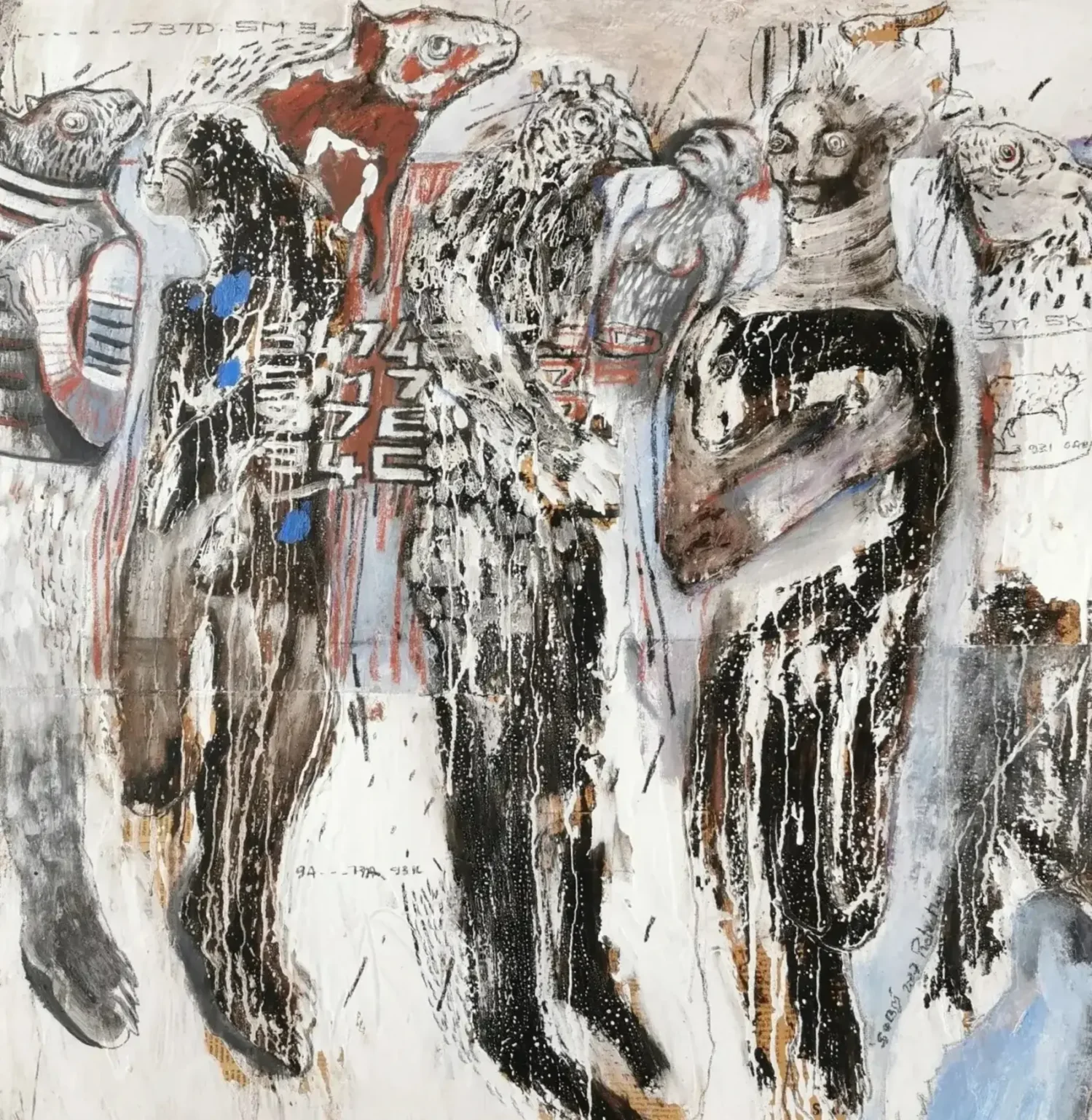 Soly-Cisse-Protection-2004-acrylique, pastel, papier journal sur toile- 80 x 80 cm-
